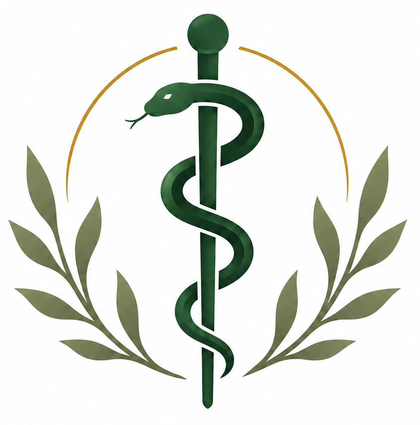 The Rod of Asclepius — a serpent coiled around a wooden staff, the ancient symbol of healing